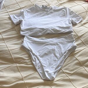 Icon Swim White High-Waist Bikini Set with Short Sleeve Crop Top